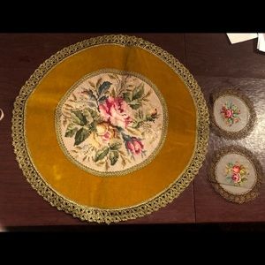 Velvet gold vintage doily with embroidered center and 2 coasters